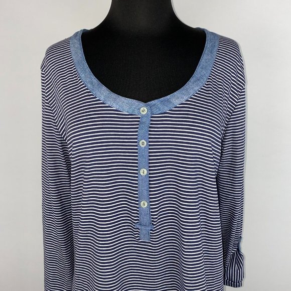 Thyme And Honey L Striped Partial Button Front Henley Top Roll Tab Long Sleeves - Picture 2 of 12